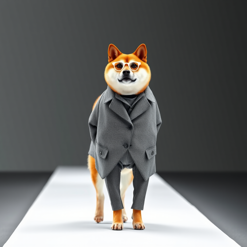 A Shiba Inu standing upright like a human, facing the camera, wearing a gray high-end wool coat that is lightweight, paired with slim-fit trousers of the same style, giving it a long appearance, wearing white-framed glasses, walking on a white runway, with a background of sophisticated gray. The entire scene has a gray and white color tone, low saturation, realistic, a masterpiece, high definition.