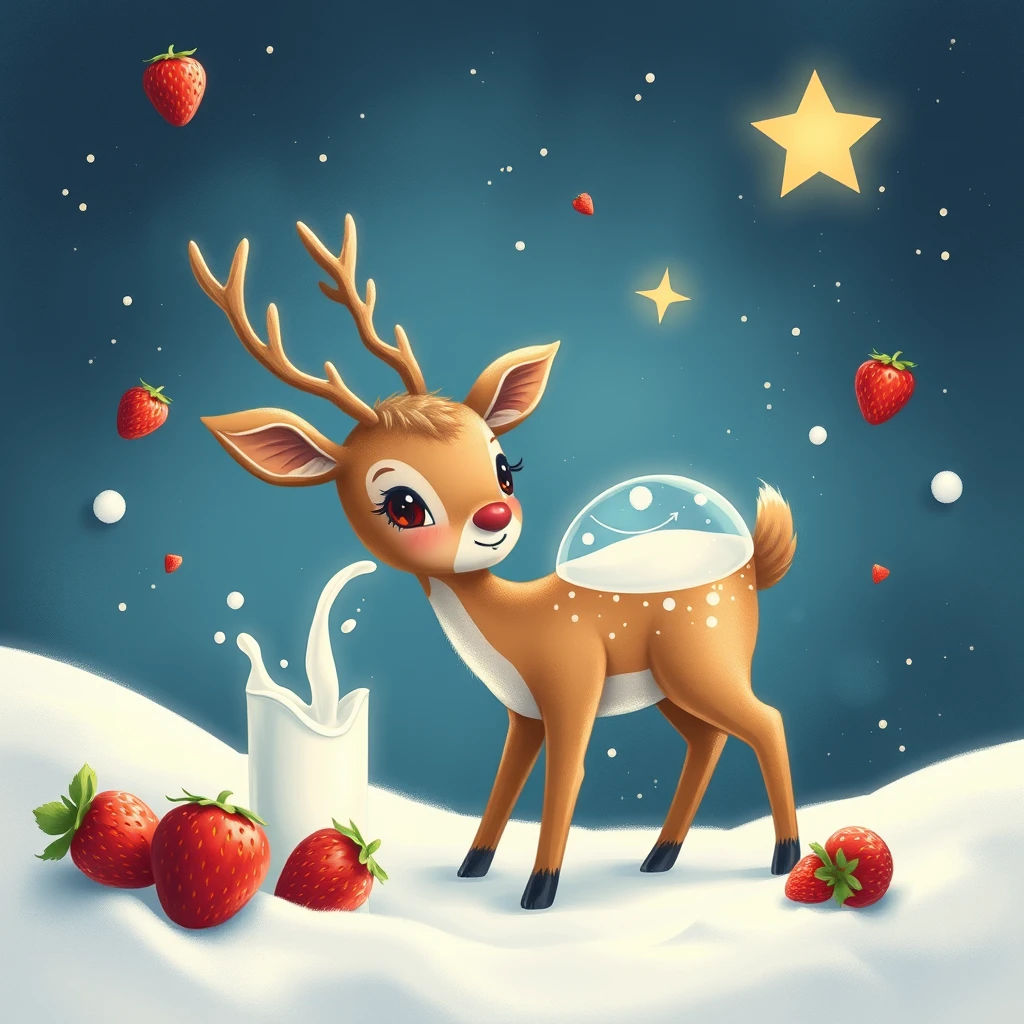 "A cute baby deer that must drink a million strawberry milks on Earth to go to Santa's star, spaceship, 'Dolppu' title"