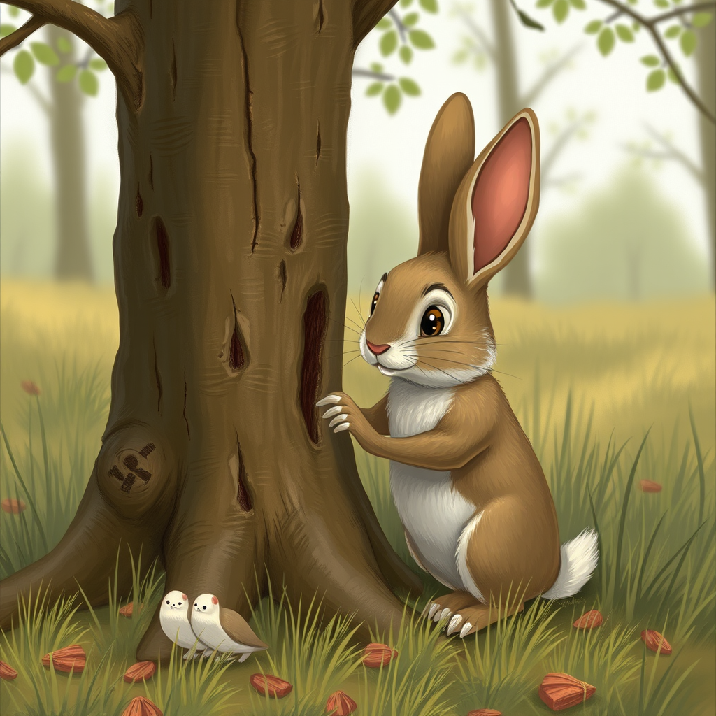 The rabbit bumped into the tree. - Image