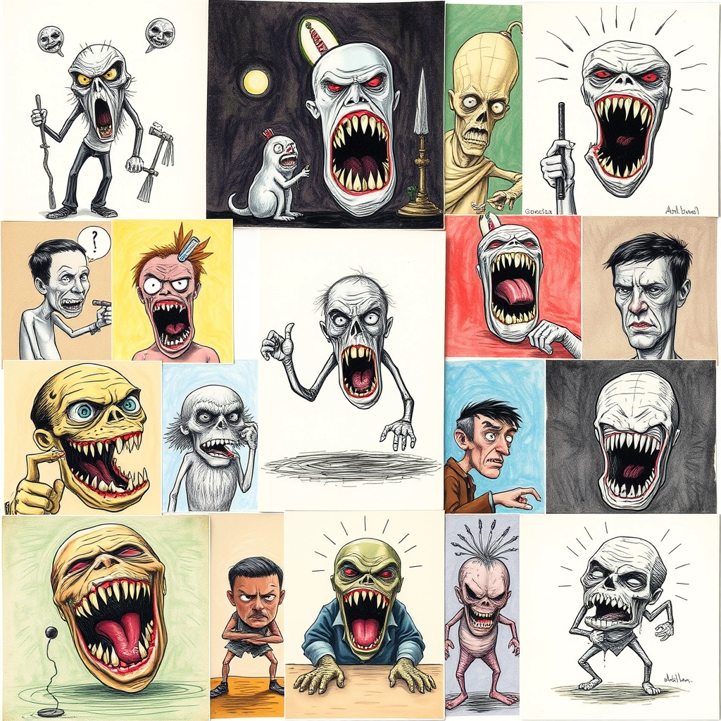 Collage of different crazy, weird, terrible illustrations. - Image