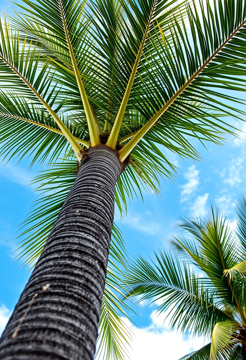 Palm tree trunk and leaves with a blue sky and clouds in the background.