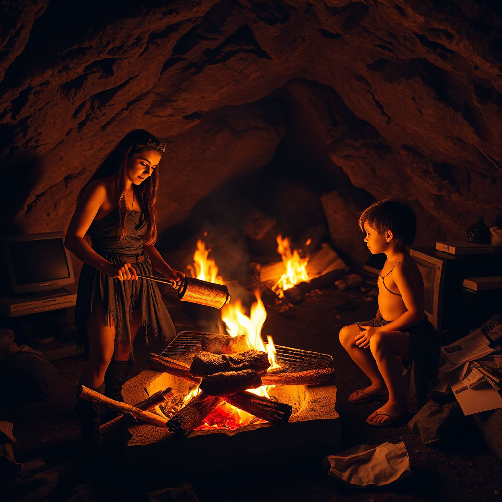 Real-life photography: At night, in the cave, there is a female barbarian and a barbarian child grilling meat over an open flame. The cave is very large, with a bonfire, a 90s desktop computer, and some messy household items.