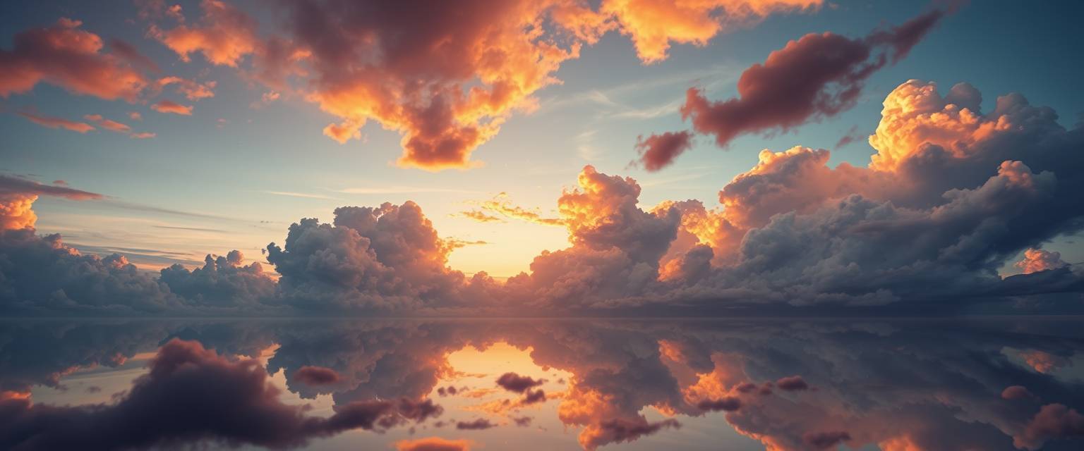 fiery, clouds, high quality, photorealistic, sky, reflection, serene