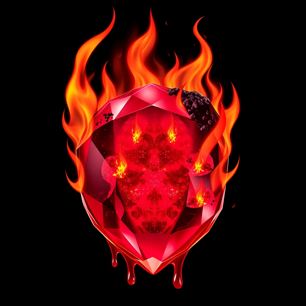 A tee shirt design of a beautiful ruby on fire with beautiful liquid red ruby dripping with flames. The ruby has black char all over it and subtle colorful embers burning in the ruby. Inside of the ruby should be reminiscent of beautiful galaxies perfectly blended with chaos. Striking and otherworldly on a transparent background.