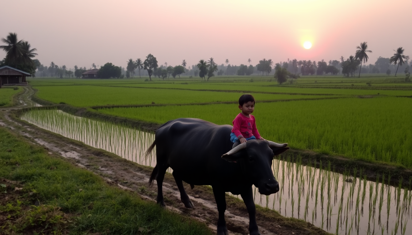 The peaceful scenery of the homeland with ripe rice fields, a child riding a water buffalo home at sunset. - Image