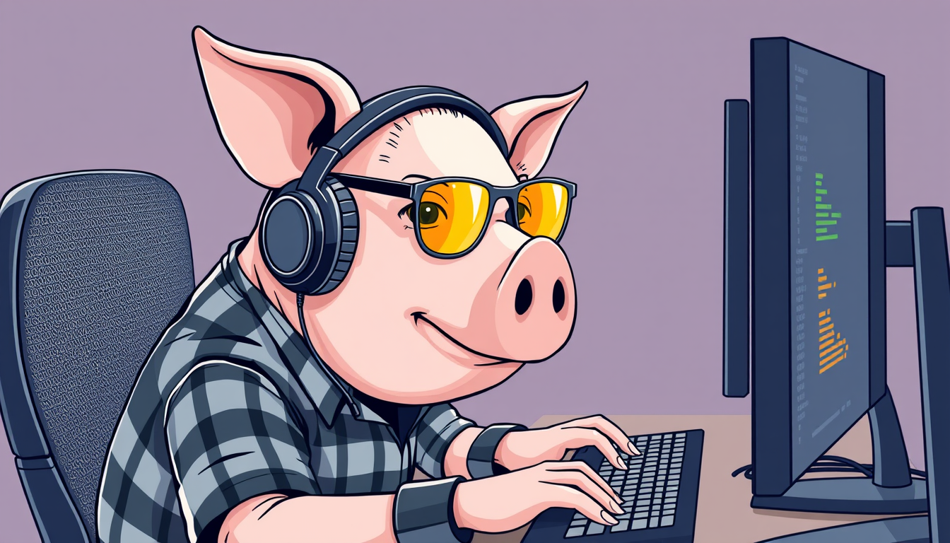 A tech-savvy pig coder, wearing yellow-tinted glasses and sleek noise-canceling headphones, hunches over a cutting-edge multi-monitor setup. The anthropomorphic pig exudes focus, typing furiously. Dressed in a plaid t-shirt.