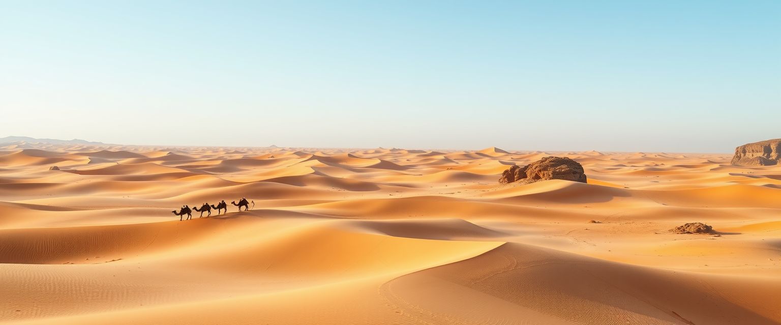 Vast, arid desert, golden sand dunes, endless horizons, high quality, photorealistic, tranquil, remote, camel caravan, nomadic, breathtaking, clear blue sky, oasis, solitude::1.2 cacti, desert flowers, rugged rock formations, starry nights, sandstorms, ancient ruins, dune bashing - Image