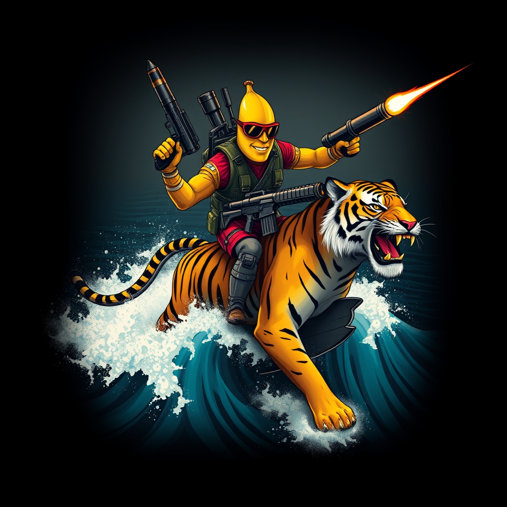 A tee shirt design of a sentient anthropomorphic determined banana man dressed in Rambo gear, carrying a huge rocket launcher with one hand, a huge chain gun in the other hand, while surfing on a Bengal tiger on a huge ocean wave. Epic design. Fading to black around the entire boundary of the image. Vibrant future punk colors. - Image