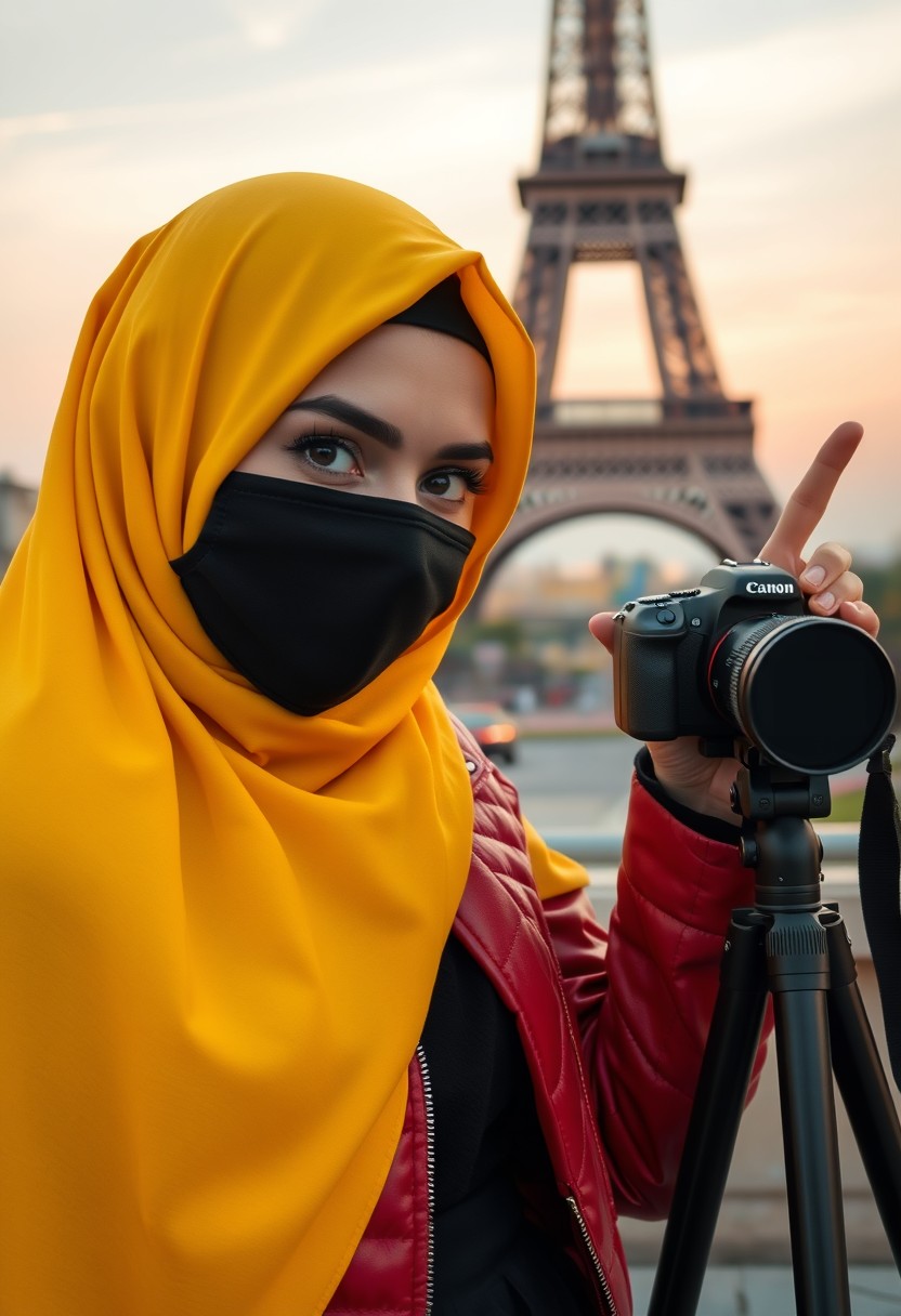 Biggest hijab yellow Muslim girl, beautiful eyes, black face mask, red leather jacket, biggest black skirt, DSLR camera CANON, tripod, taking photo of Eiffel Tower, peace hand, sunrise, morning scenery, Eiffel Tower, hyper realistic, street photography.