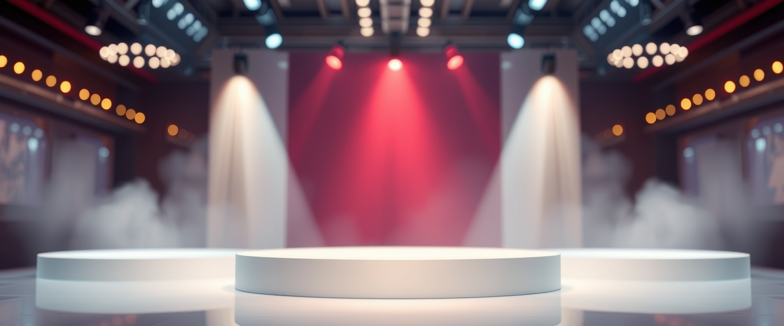 Amazing podium product stand or display with blur background and cinematic light, high detail. - Image