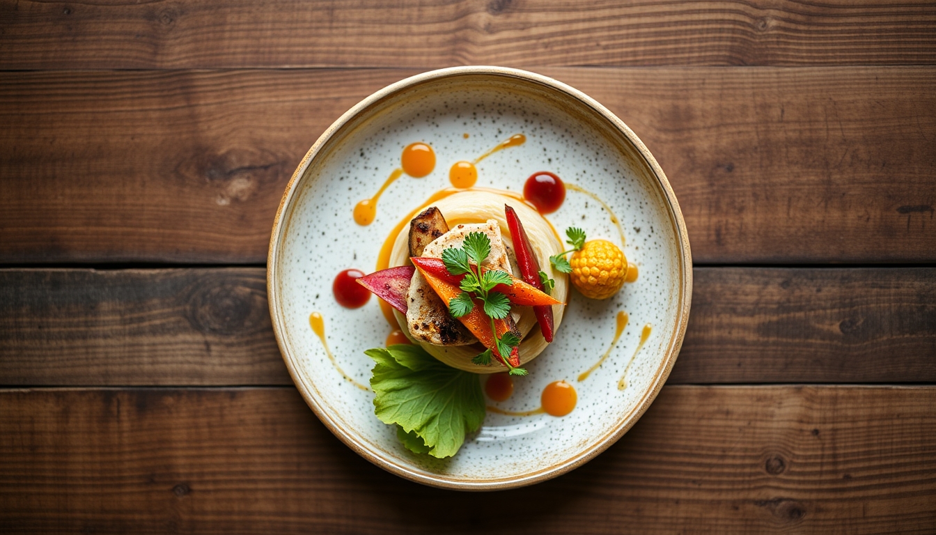 A top-down view of a beautifully arranged gourmet dish, with vibrant colors and textures, placed on a rustic wooden table, highlighting the artistry of food.