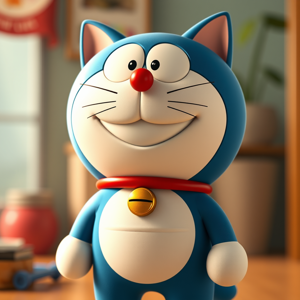 Pixar style, mouth open smiling Doraemon the cat, standing, hyper-realistic camera style, lifelike details, high-resolution texture, vivid colors, sharp focus, natural lighting, photorealistic quality, cinematic depth of field, true-to-life portrayal, full body, doraemon2 style, no ears. - Image