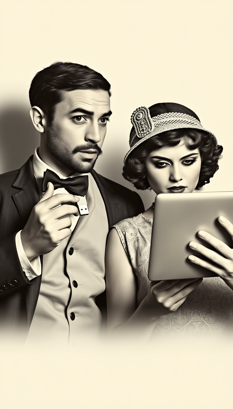 A poster in the style of a silent, black-and-white film showcases a couple from the 1920s, engaging in dramatic poses characteristic of that period. They are dressed in vintage 1920s attire and makeup. Both individuals are fascinated by contemporary media devices; the man is holding a thumb drive, looking amazed, while the woman is entranced by the display on her MacBook Pro. - Image