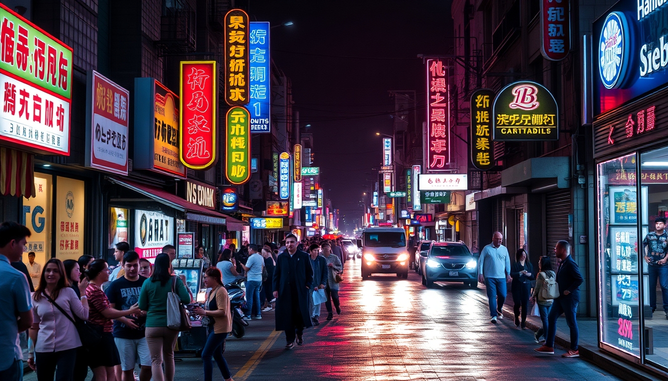 A vibrant street scene at night, with neon signs, bustling crowds, and the glow of city lights reflecting on wet pavement.