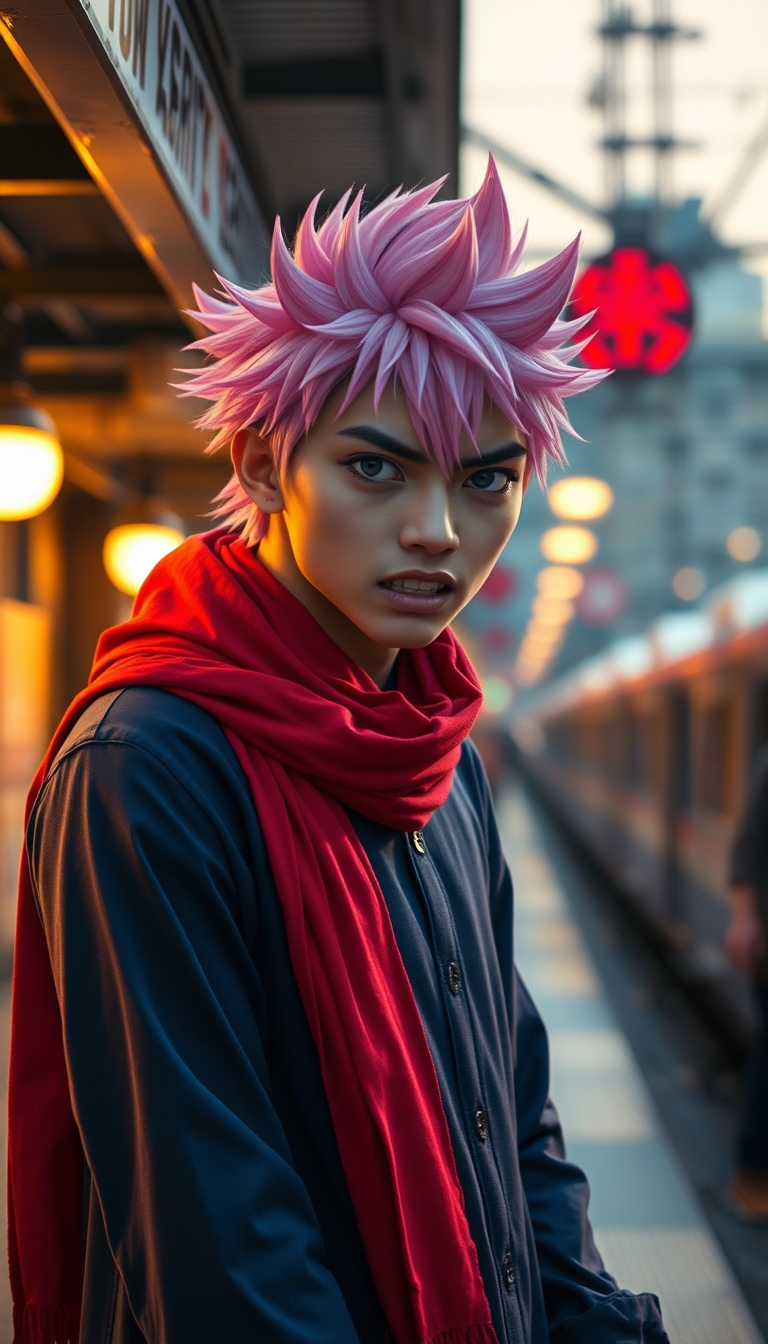 A Japanese guy wearing a dark blue long-sleeve dress with a red scarf around his neck, pink spiky hair, a full spirit and energetic expression, looking angry, during golden hour, with a Tokyo train station background and bokeh.