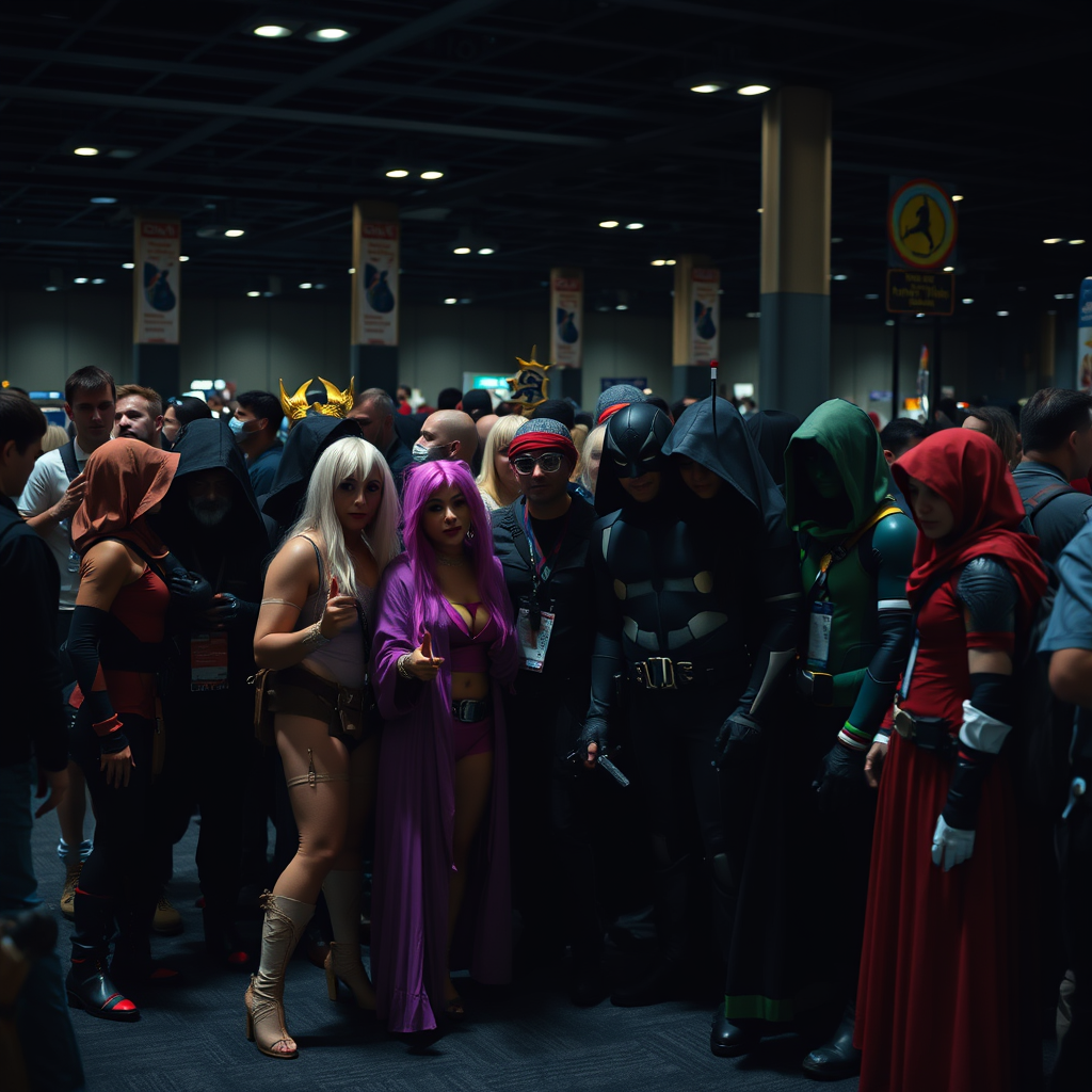 Comic con group photo, lots of different cosplay, shot on Sony Alpha, dark moody aesthetic.