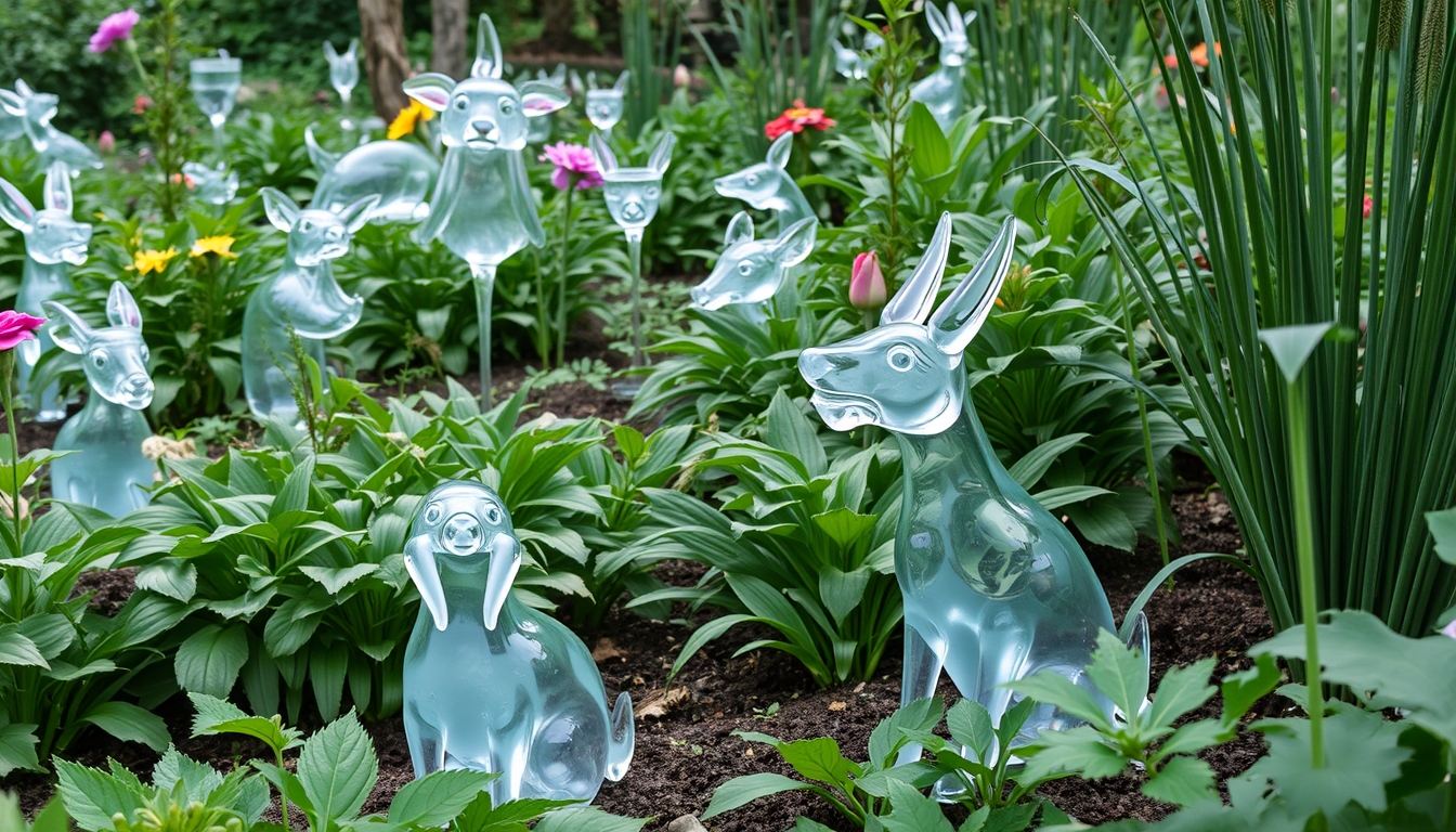 A serene garden with glass sculptures of various animals hidden among the plants.