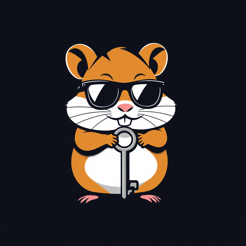 Minimalistic vector art logo of a hamster wearing dark glasses and holding a key, dark background, bold lines, simple shapes, strong silhouette.