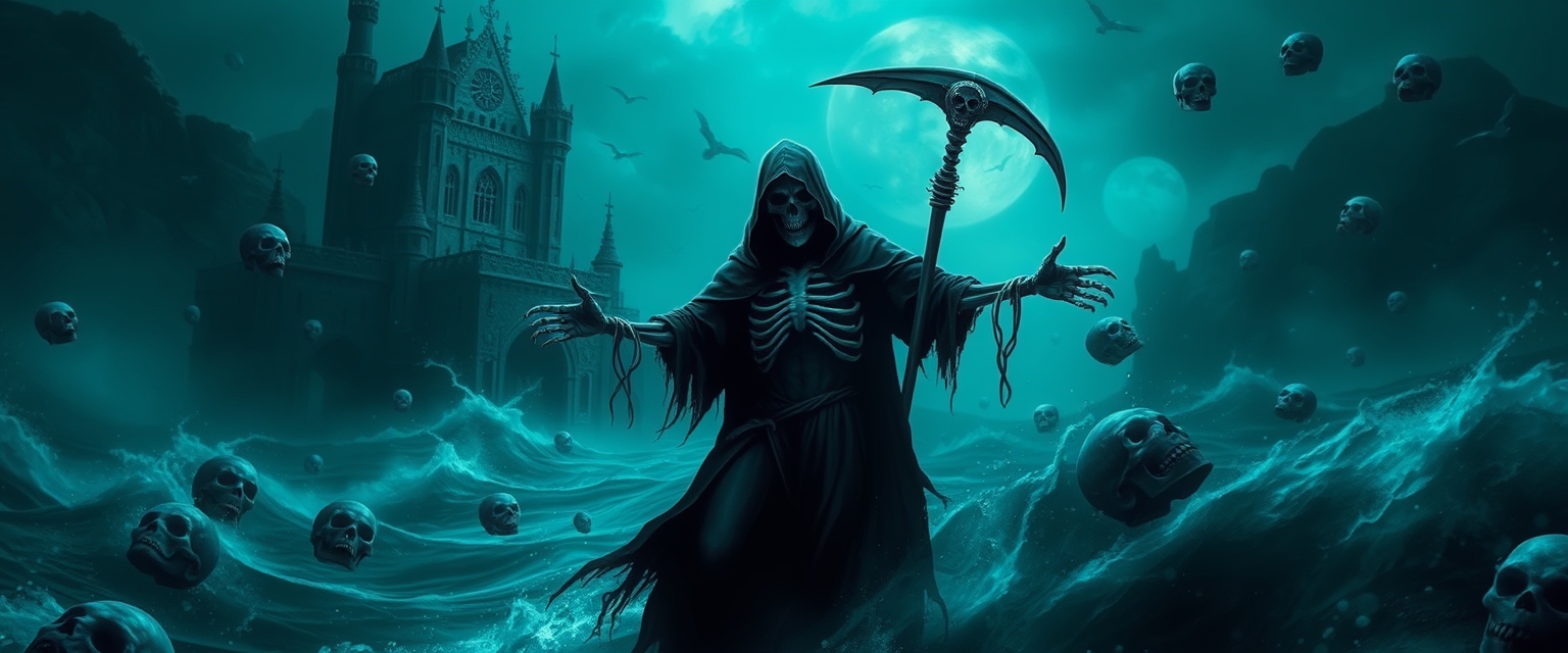 A skeletal grim reaper in a tattered black cloak stands amidst a stormy sea, arms outstretched, surrounded by floating skulls. A gothic necromancer's castle looms in the background. Dark, ethereal, and ominous atmosphere, digital art, teal tones.