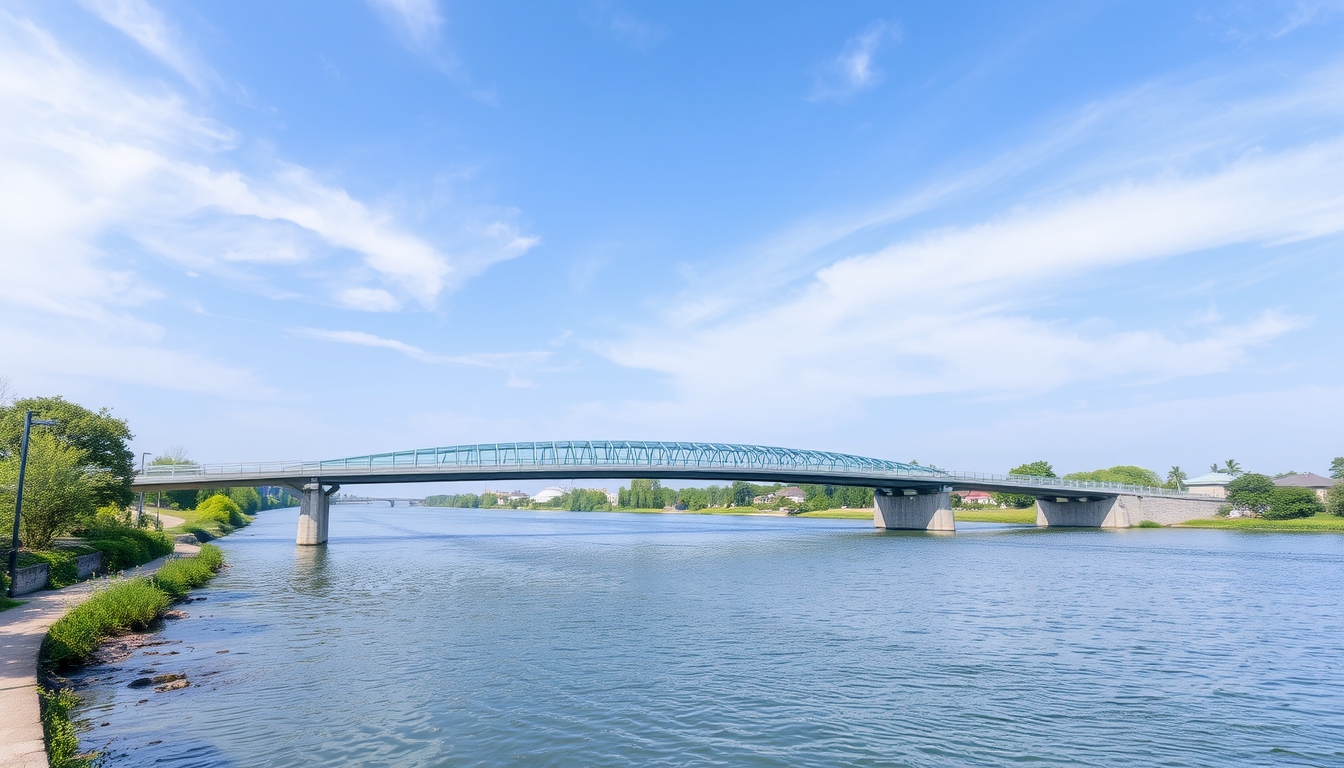 A serene river scene with a glass-bottomed bridge crossing over it.