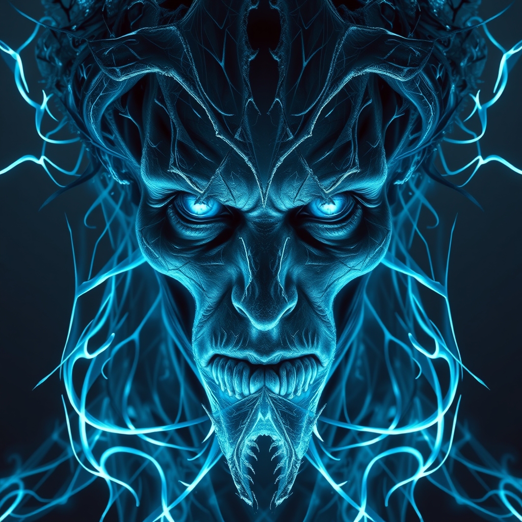 A symmetric portrait of an evil frozen necromancer, face dissolving into thin, luminescent blue lines of frozen magic, hyper-realistic with digital abstraction, intricate details. Shadows elongate, emphasizing depth, despair, and ancient power.