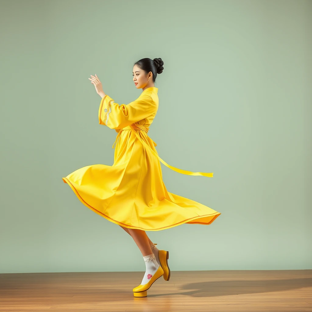 A single Korean woman dancing in a yellow traditional Korean costume. Dancing classically, daintily and nobly. FULL SHOT, yellow traditional shoes, neatly tied black hair. Full body is visible, feet in white flowered socks, nimble movements. - Image