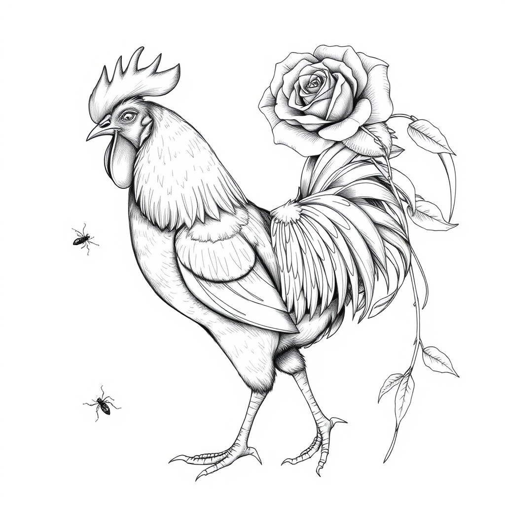 "Line drawing of a rooster, requiring realistic details, catching insects under a rose."