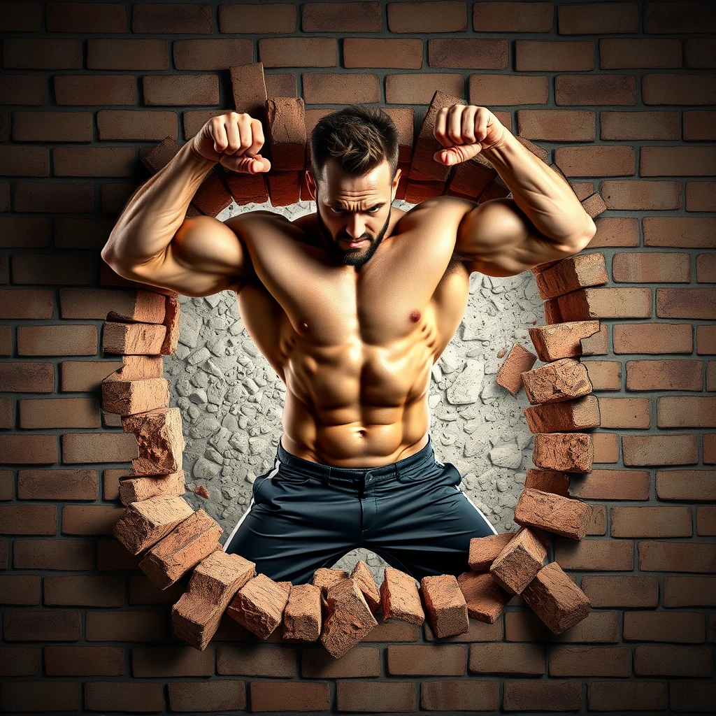 8k super high quality 3d image of a muscular man smashing through a brick wall destroying it