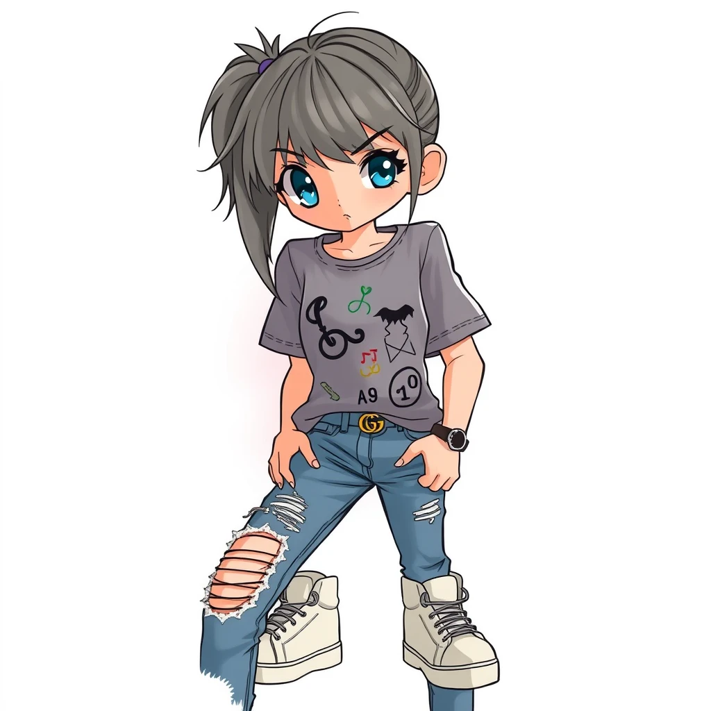 A teenage woman in a grey T-shirt with random symbols, torn jeans, and Gucci sneakers. Appearance: cool gray hair and large blue eyes, with an arrogant look. Anime. - Image