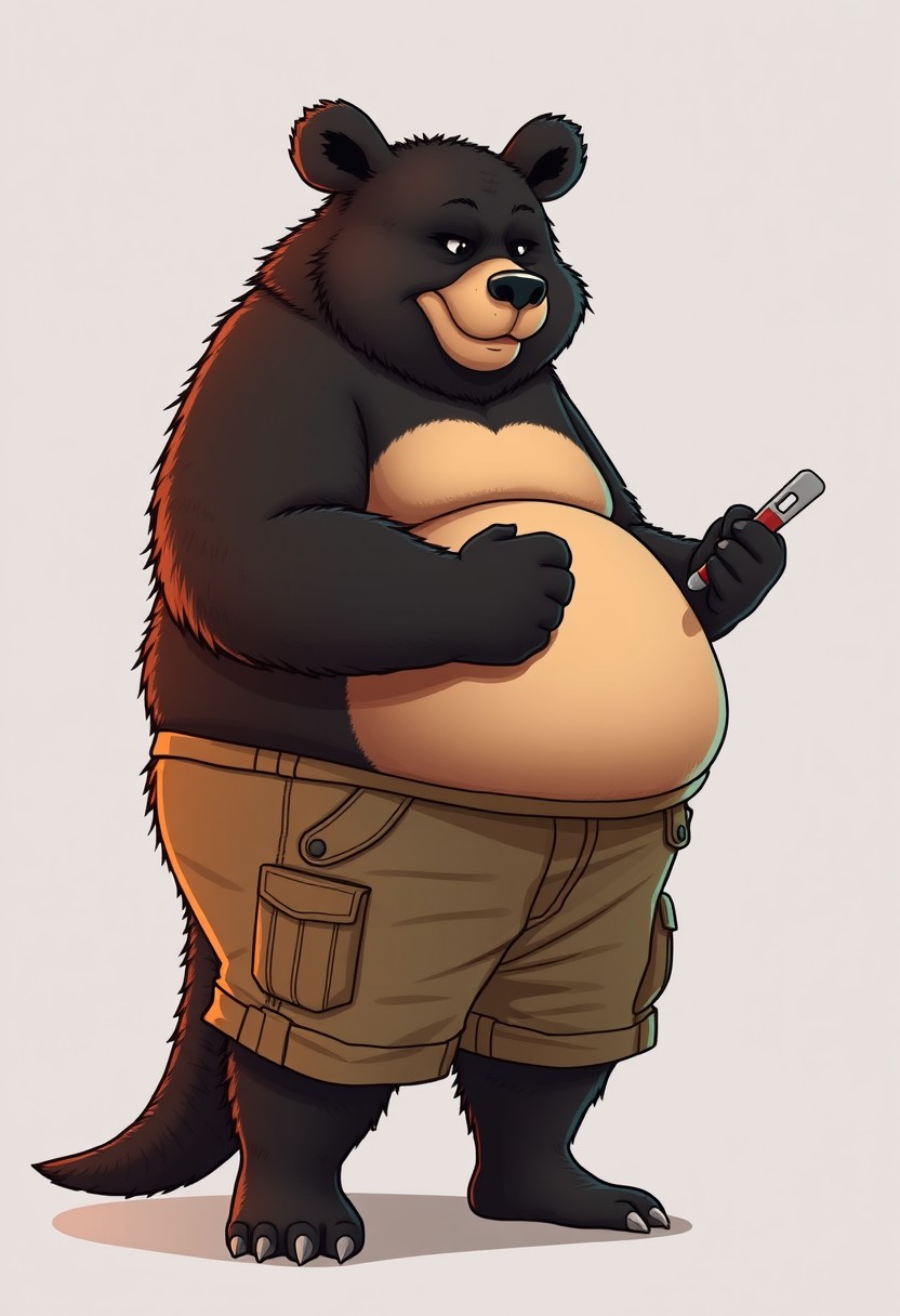 Thick anthropomorphic black bear kangaroo hybrid wearing cargo pants. Excessively eating fast food and getting fatter. Extremely overweight, semi-cartoon.