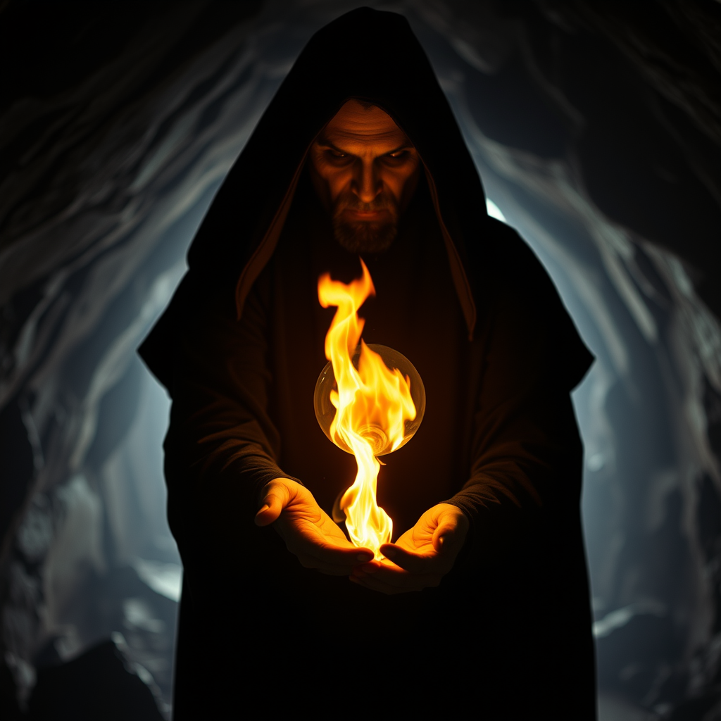 A cinematic cultist wearing a black robe and holding a glowing flaming orb over his open palm. Dark scene inside a cave.