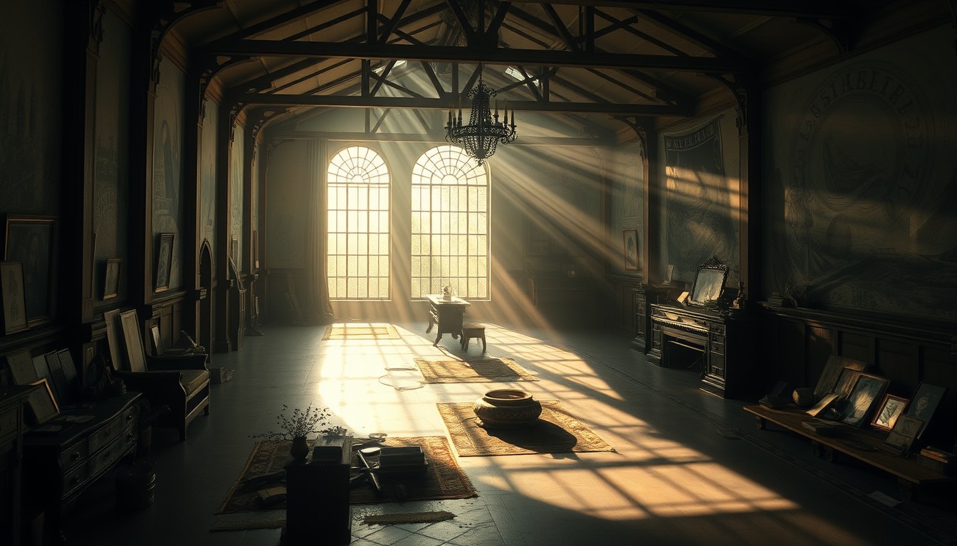 "A spacious indoor area, full of poetic imagery, with sunlight filtering in from outside, carrying a sense of melancholy." - Image