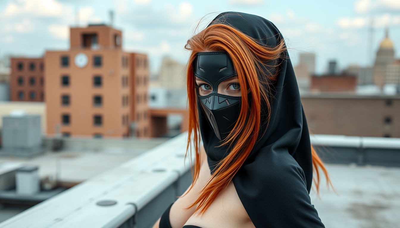 female redhead with green eyes and black metallic mask that covers her face, as we see her full body nude standing on a rooftop. - Image