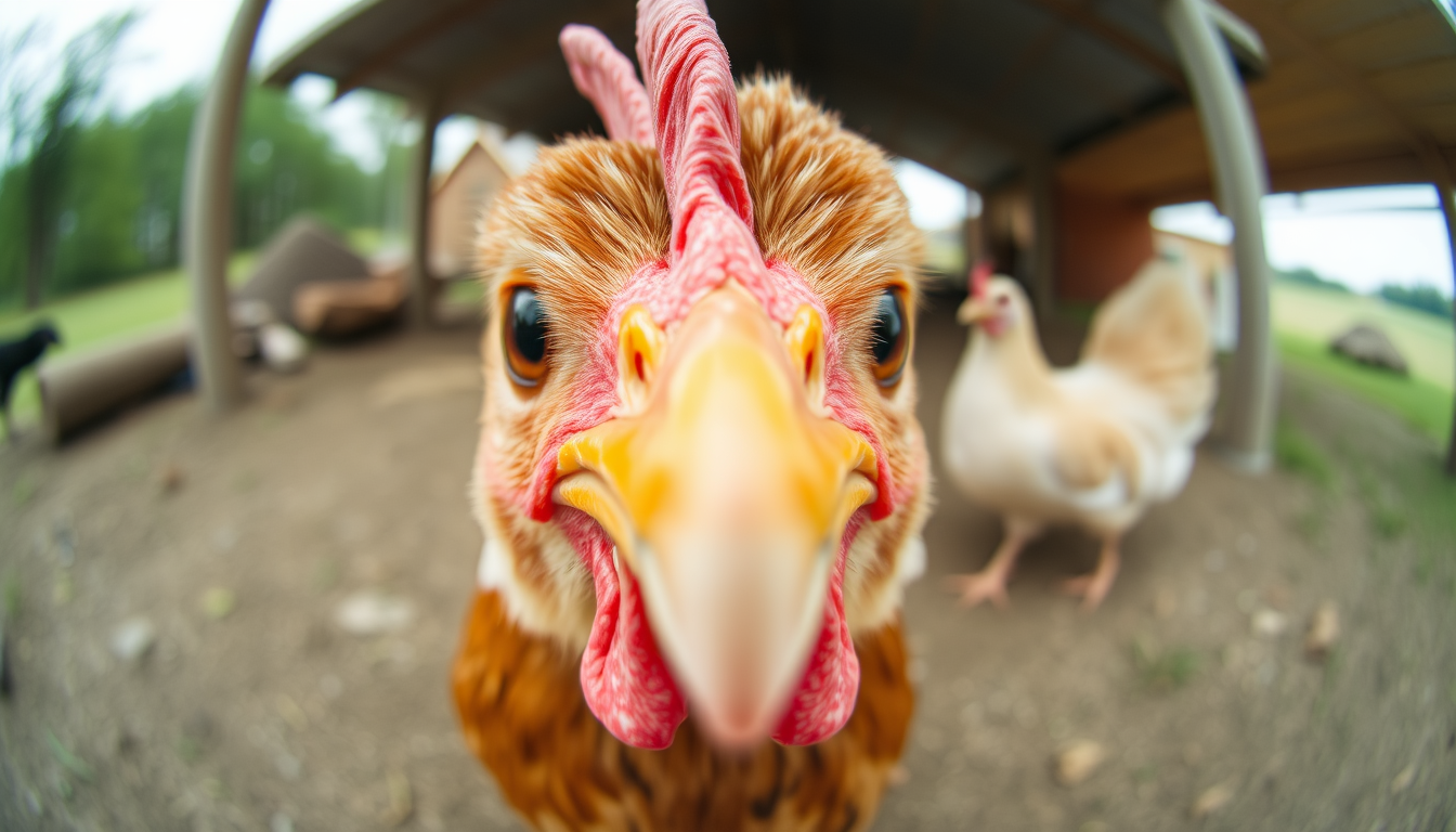 Silly fish-eye lens image of a chicken staring directly into the camera, with a befuddled look. - Image