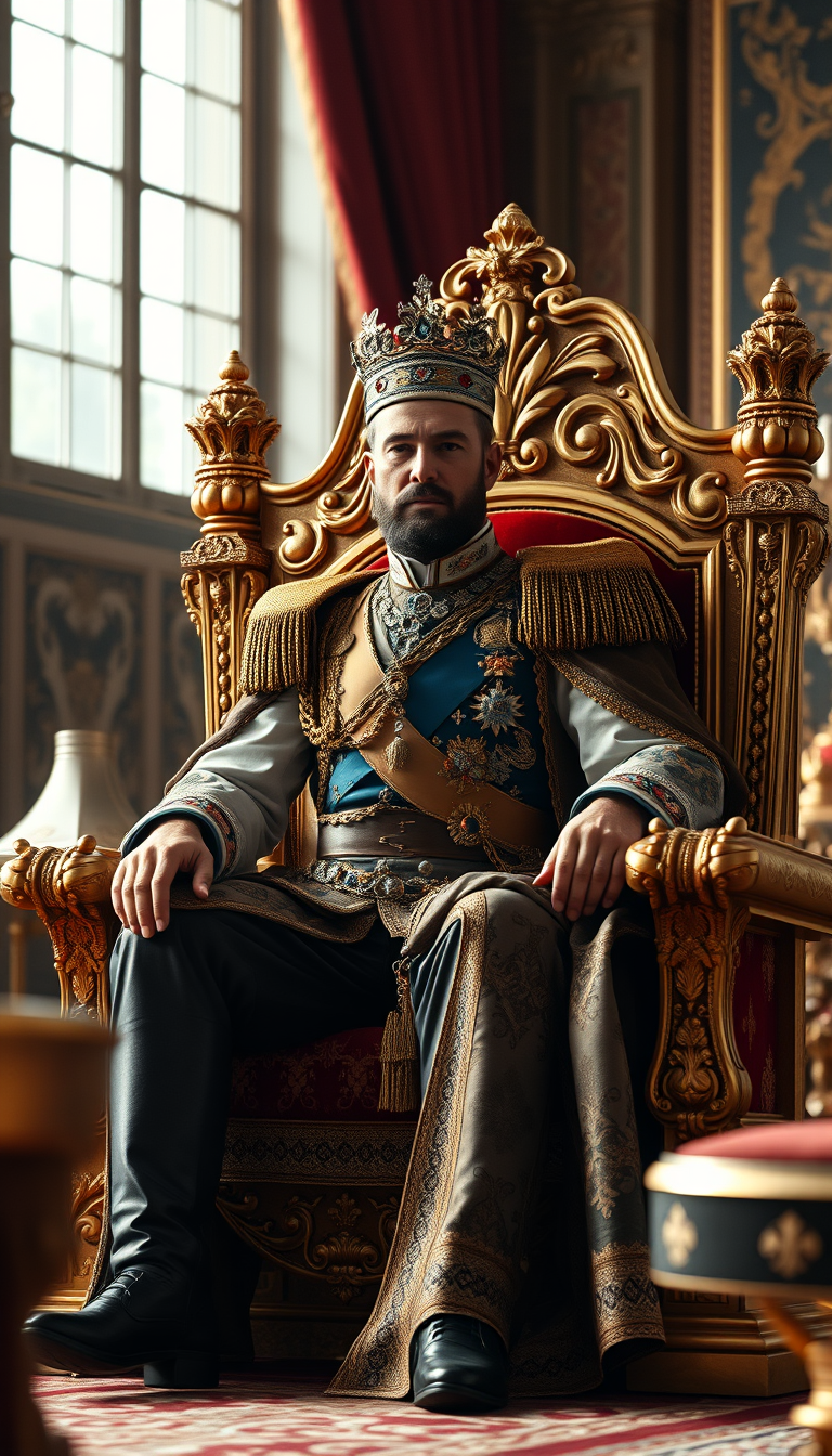 Main Character: Tsar Nicholas II of Russia, seated upon his opulent throne. He is dressed in full royal regalia, including elaborate robes adorned with jewels and embroidery, and a crown rests upon his head. His expression is stoic and regal, his posture upright and commanding, reflecting his authority and power. Background: The grand throne room of a Russian palace, richly decorated with ornate furnishings, tapestries, and gilded details. The throne itself is a masterpiece of craftsmanship, intricately carved and adorned with precious gems. Large windows allow natural light to flood the room, illuminating the scene and highlighting the richness of the surroundings. Visual Style: The visual style should mimic professional, cinematic photography, with a focus on sharp detail, realistic textures, and a deep, rich color palette. The image should evoke a sense of historical grandeur and convey the immense power and opulence of the Russian monarchy. Think of the rich, detailed style of classical paintings. The overall tone should be regal and imposing, with a focus on the Tsar as the central figure of power and authority. - Image