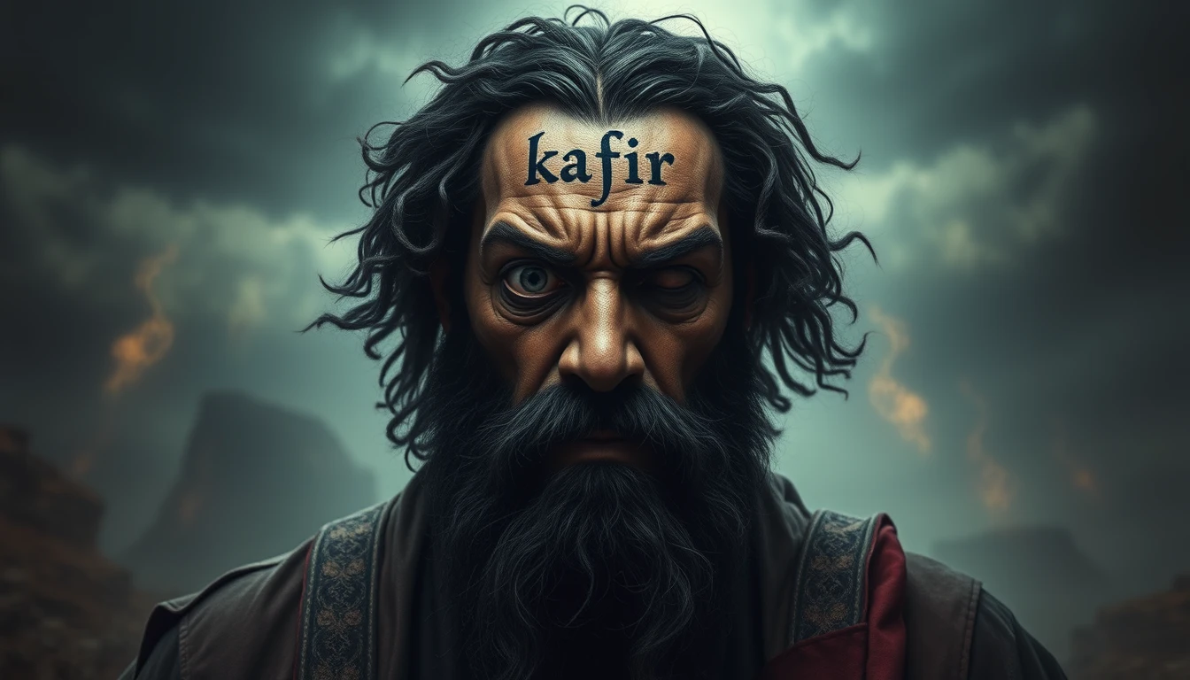 Depict Dajjal as described in Islamic hadiths. He should appear as a large, imposing figure with one eye that is bulging and another that is blind or closed. His hair should be thick and curly, and his skin should be dark. Dajjal should have the word 'kafir' (unbeliever) written on his forehead. The scene should be ominous, with a dark and foreboding atmosphere, possibly showing a desolate landscape in the background. The image should evoke a sense of fear and dread.