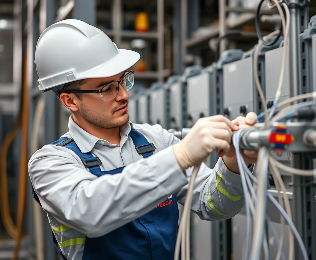 An engineer in overalls with the inscription Rostelecom connects an optical cable. - Image