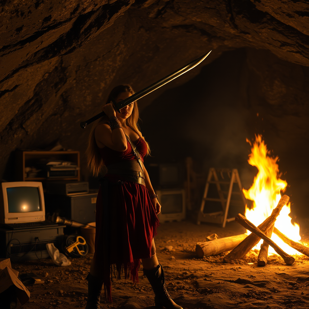 Real-life photography: At night, in the cave, there is a female barbarian holding a sword. The cave is very large, with a bonfire, a 90s desktop computer, and some messy household items. - Image