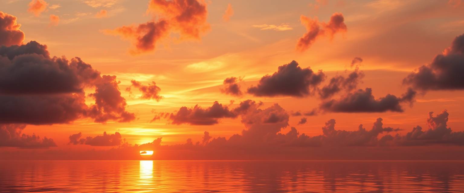 fiery sunset, clouds, high quality, photorealistic, evening sky, reflection, serene, seashells