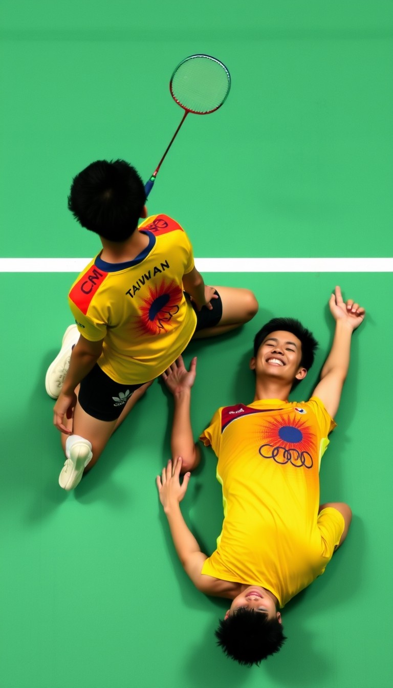 "Taiwanese men's badminton doubles Olympic athletes, at the moment of victory on the court, one is kneeling and lying on the ground, while the other is happily lying on the ground; the aerial shot shows that their jerseys are yellow."