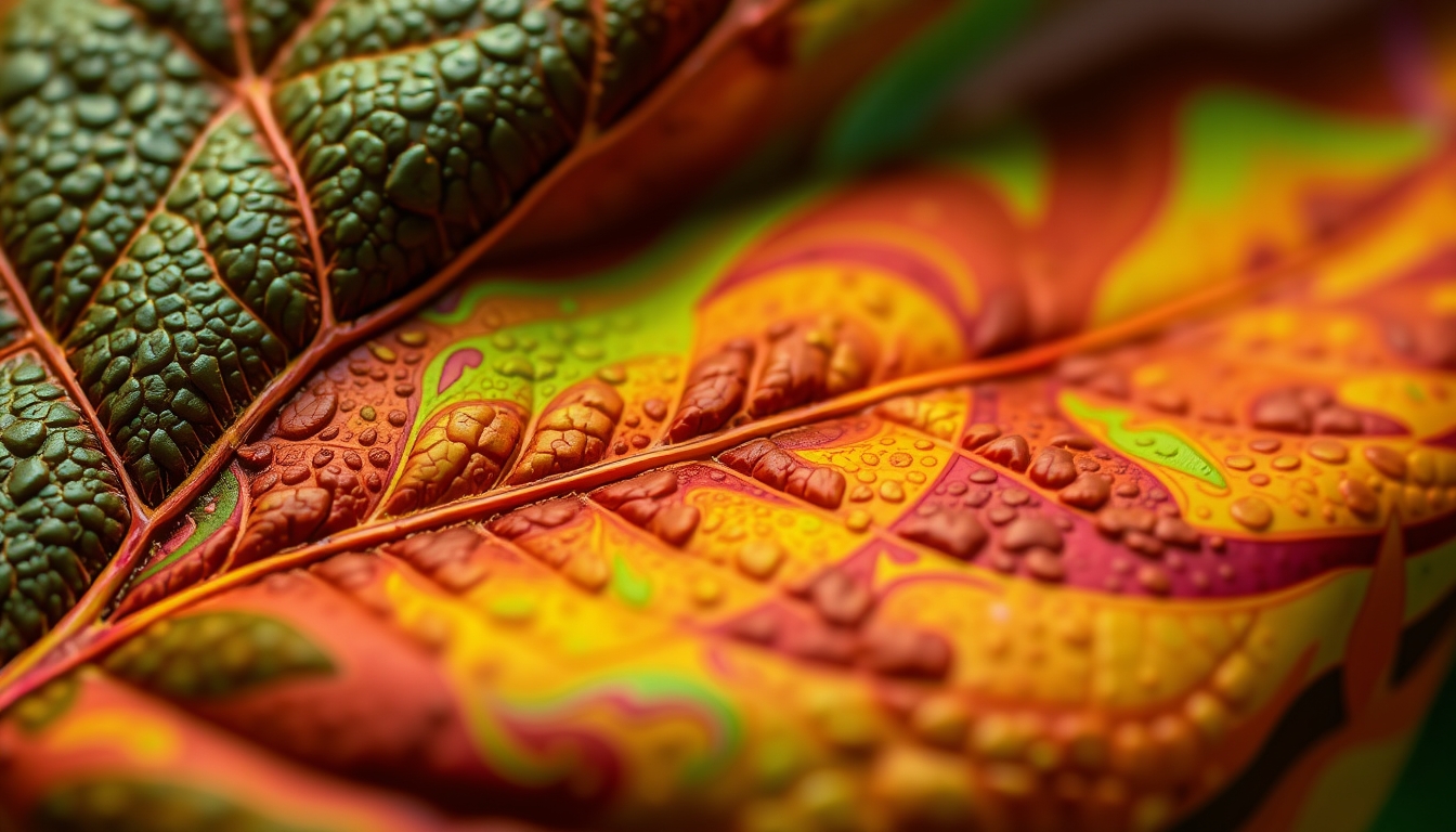 A close-up of a leaf with intricate details, transformed into an abstract digital pattern with vibrant colors and bold shapes.