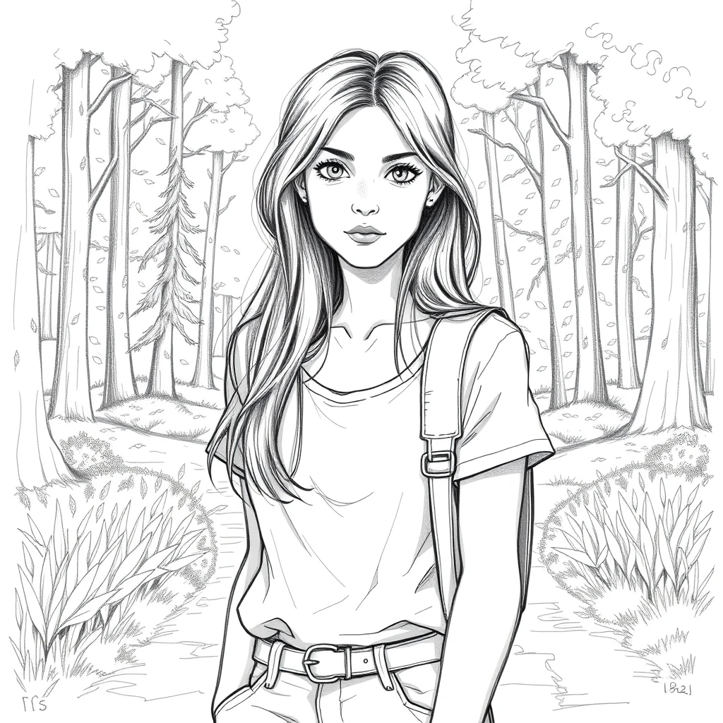 A woman in her 20s, long hair, casual outfit, determined expression, choosing a path at a crossroads, forest with trees and flowers, natural pencil sketch style.