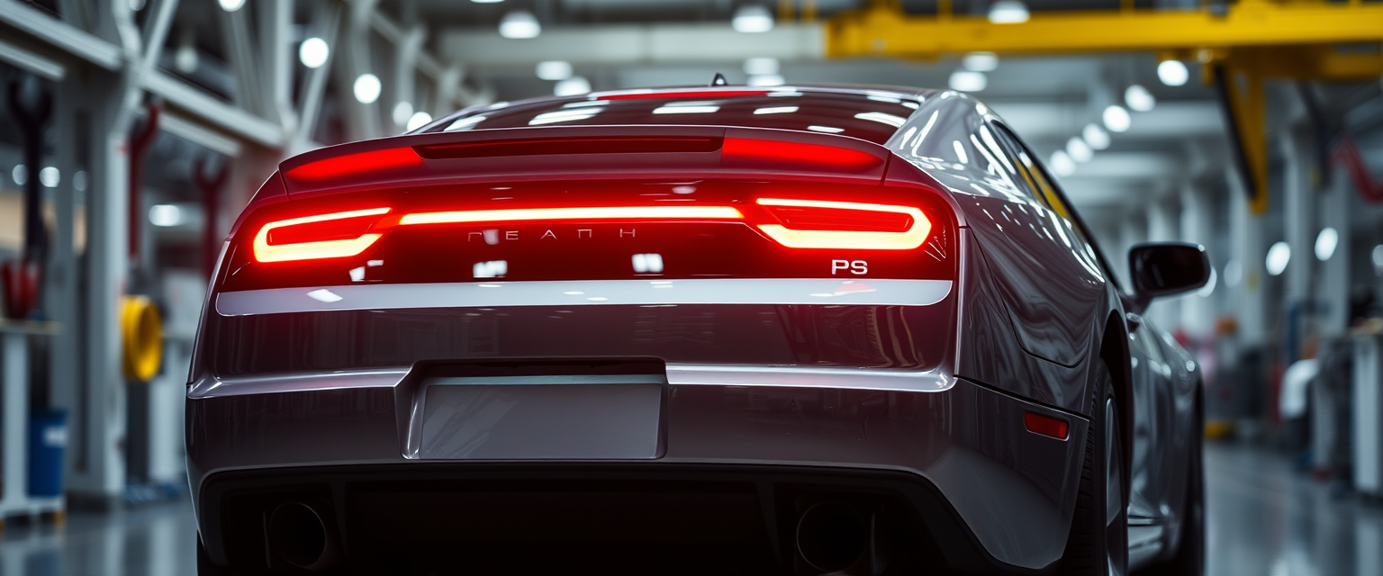 TransFormer car in a factory with lights reflecting off the car's rear body. The backlight is on, illuminating the car's body nicely. - Image