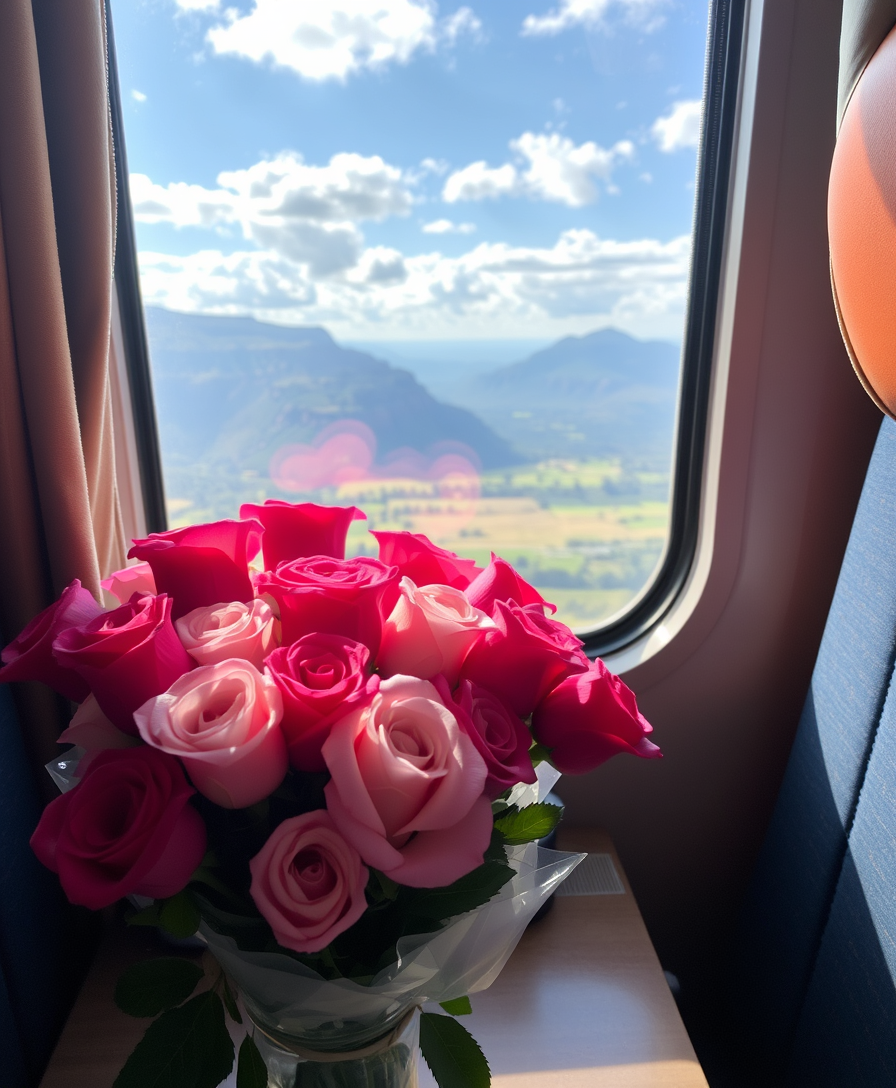 A bouquet of roses in a cozy compartment, a stunning view opens outside the train window. - Image