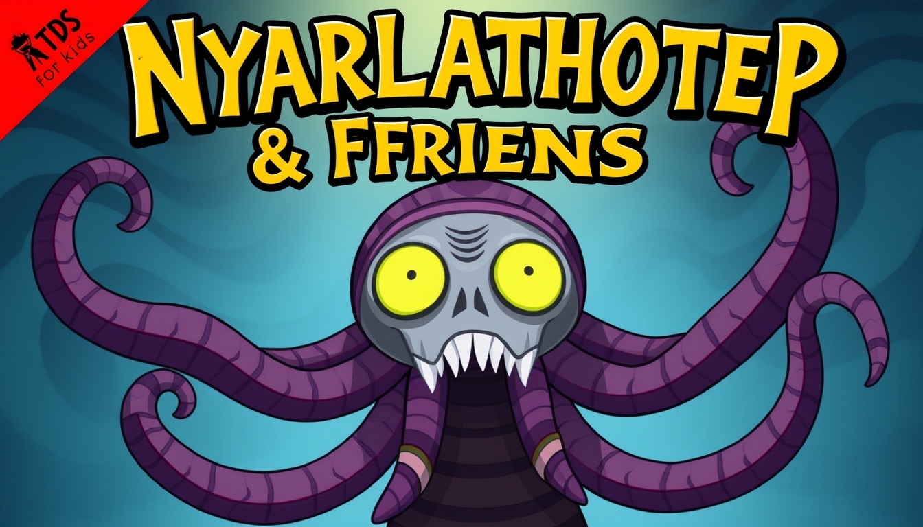 Poster for a TV show for kids called "Nyarlathotep & Friends" about an Egyptian god with tentacles and chaos magic. - Image