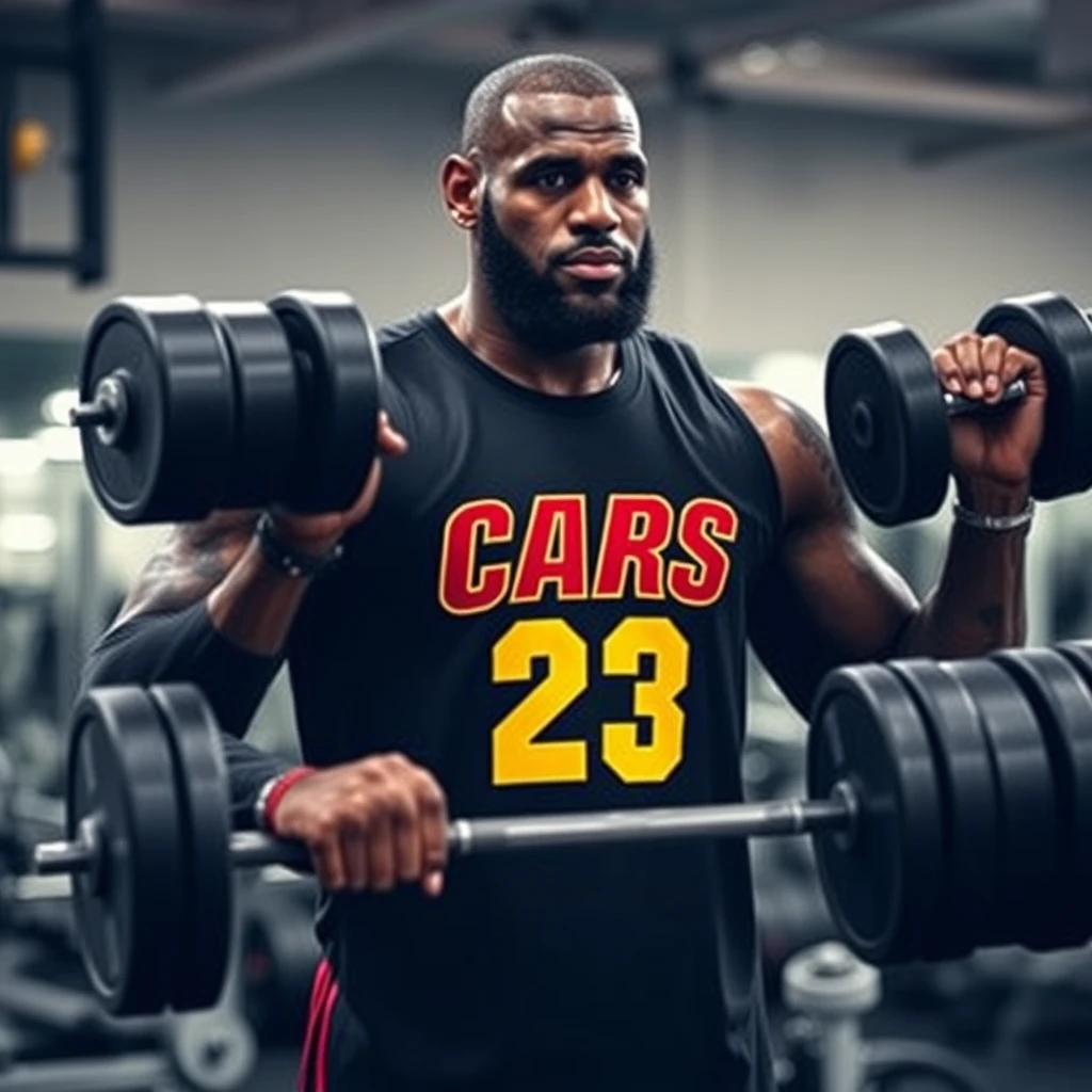 Famous basketball player LeBron James lifting weights.