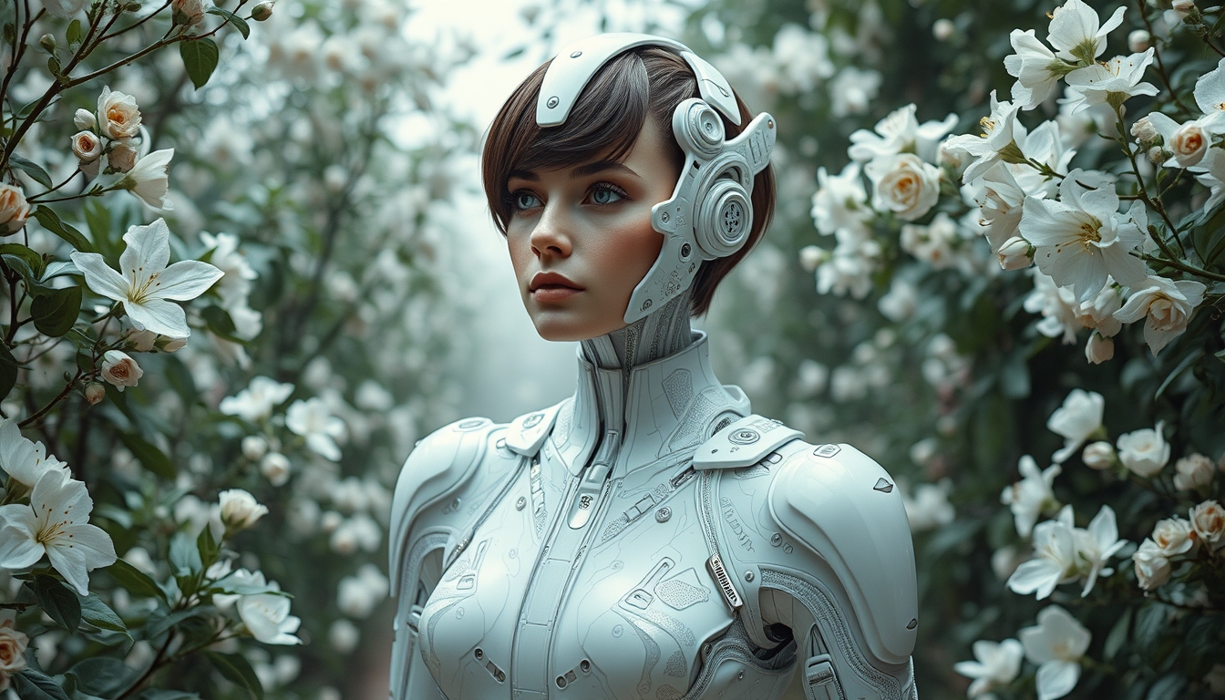 An interpretation of a cyborg white brunette European woman (brunette short hair) wearing a white and transparent electronic suit made of electronic white pieces intertwined with white flowers and lace, in the middle of a futuristic Renaissance Italian garden, in the style of mechanical realism, human connections, mythological subjects, Cybelem mythological figure, painting like Giovanni Bellini --chaos 10 --ar 16:9 --stylize 150. - Image