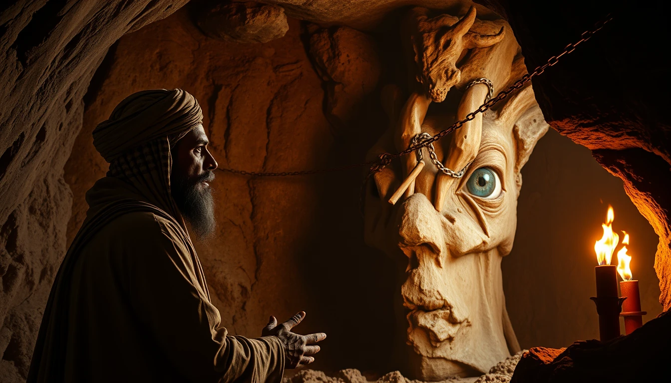 An ancient Arabian person spoke to the Dajjal, a person whose body was chained and whose right eye was blind, looking scary, in an ancient cave.