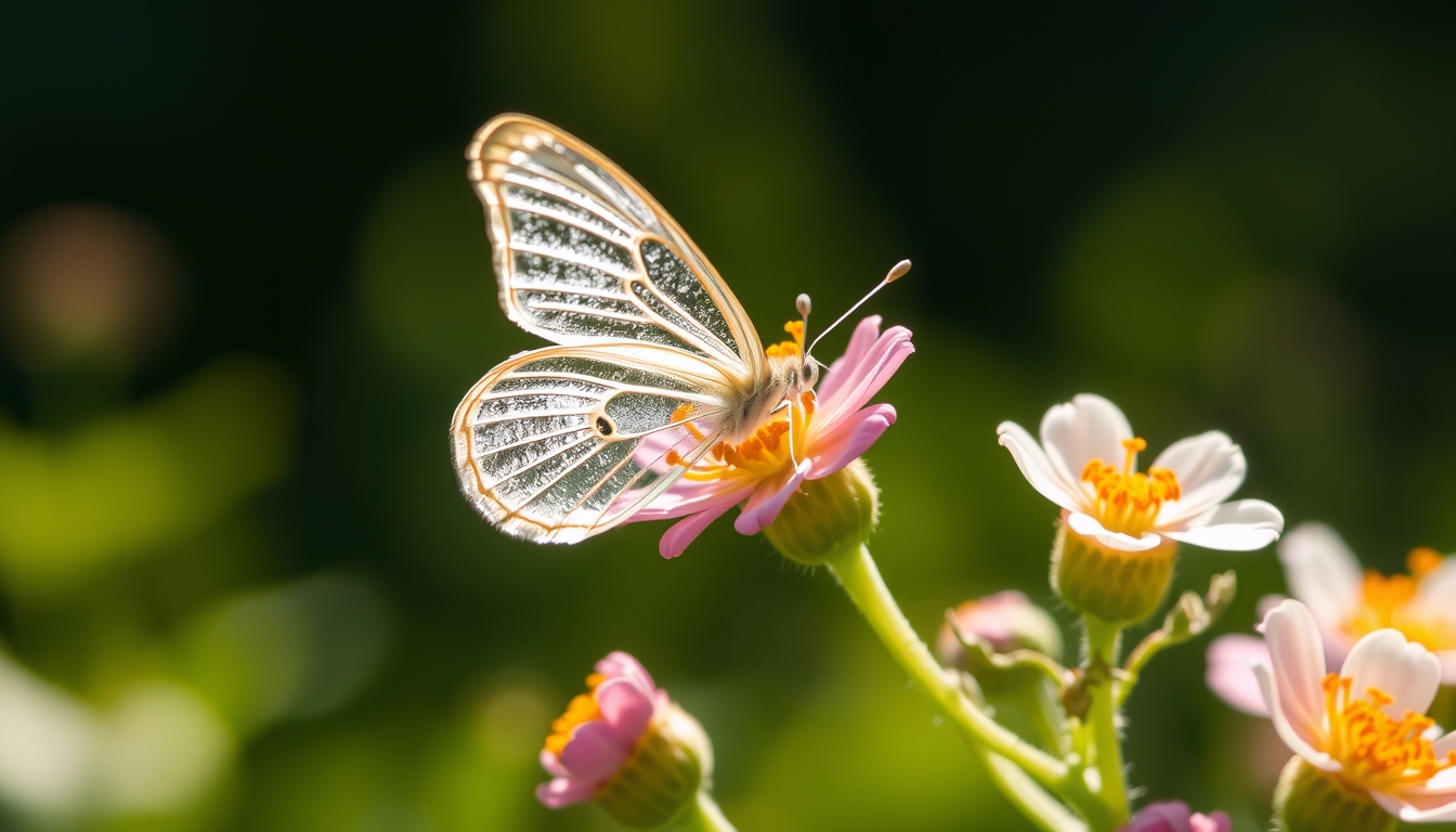 A delicate glass butterfly perched on a blooming flower, catching the sunlight.