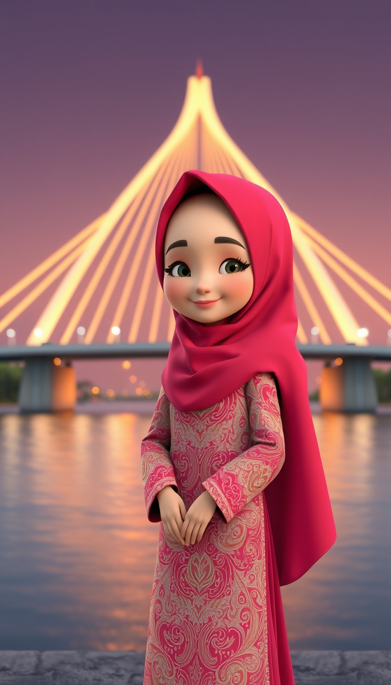 A 3D cartoon animation of a Muslim woman from Palembang, Indonesia, wearing a traditional long songket dress. She stands gracefully in front of the iconic Ampera Bridge, which arches beautifully in the background. The scene is rendered in stunning 8k resolution, capturing the vibrant colors and intricate details of the songket fabric. The woman's expression is serene and peaceful, with a gentle smile. The overall atmosphere is warm and welcoming, showcasing the cultural beauty and elegance of Palembang. - Image